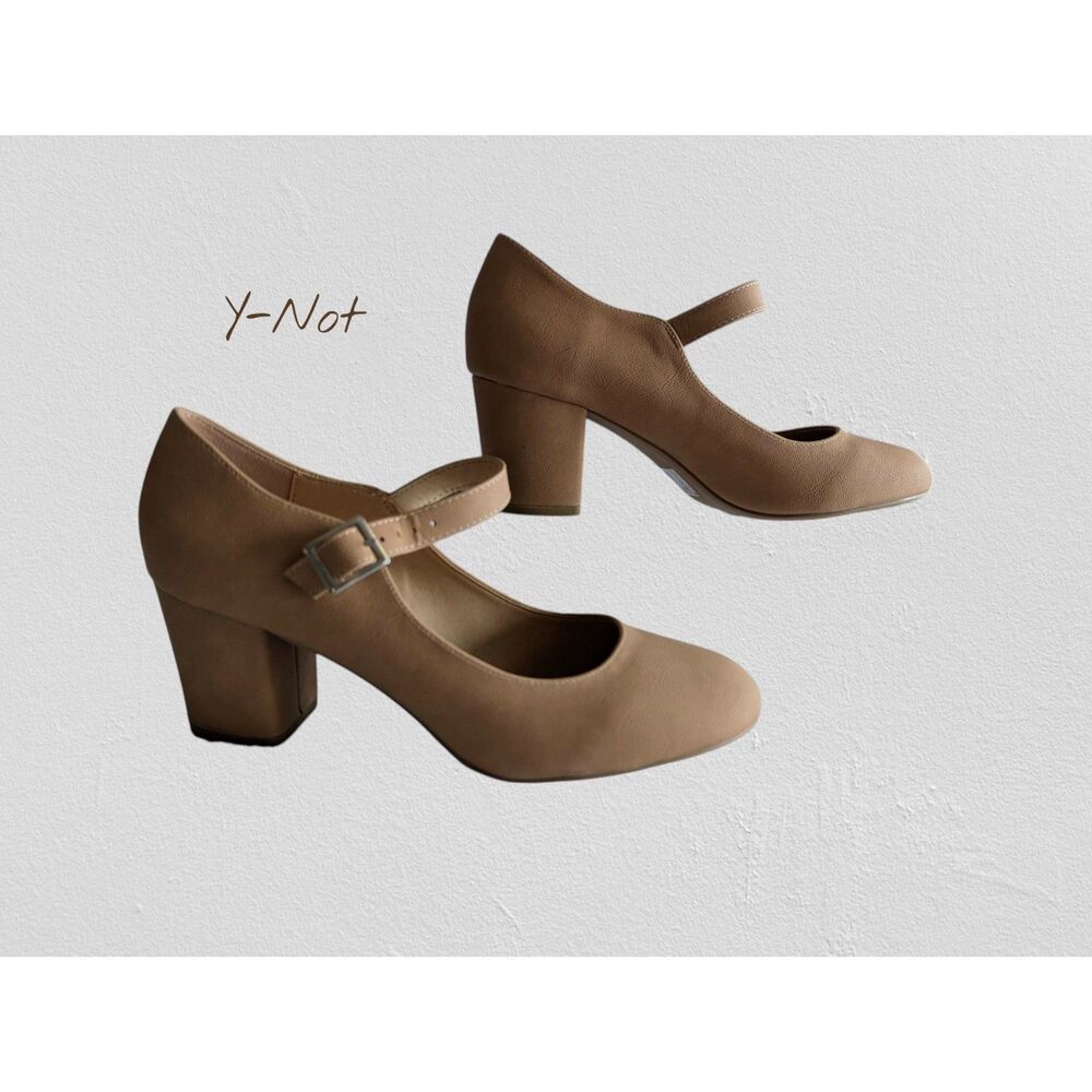 Y-Not Tim Nubuck Buckle Ankle Strap Block Heels Dark Sand Shoes  Sz 8M